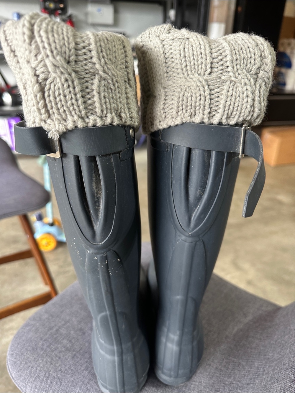 Hunter Black Rain Boots with Cream Knit Cuffs - Picture 3 of 11